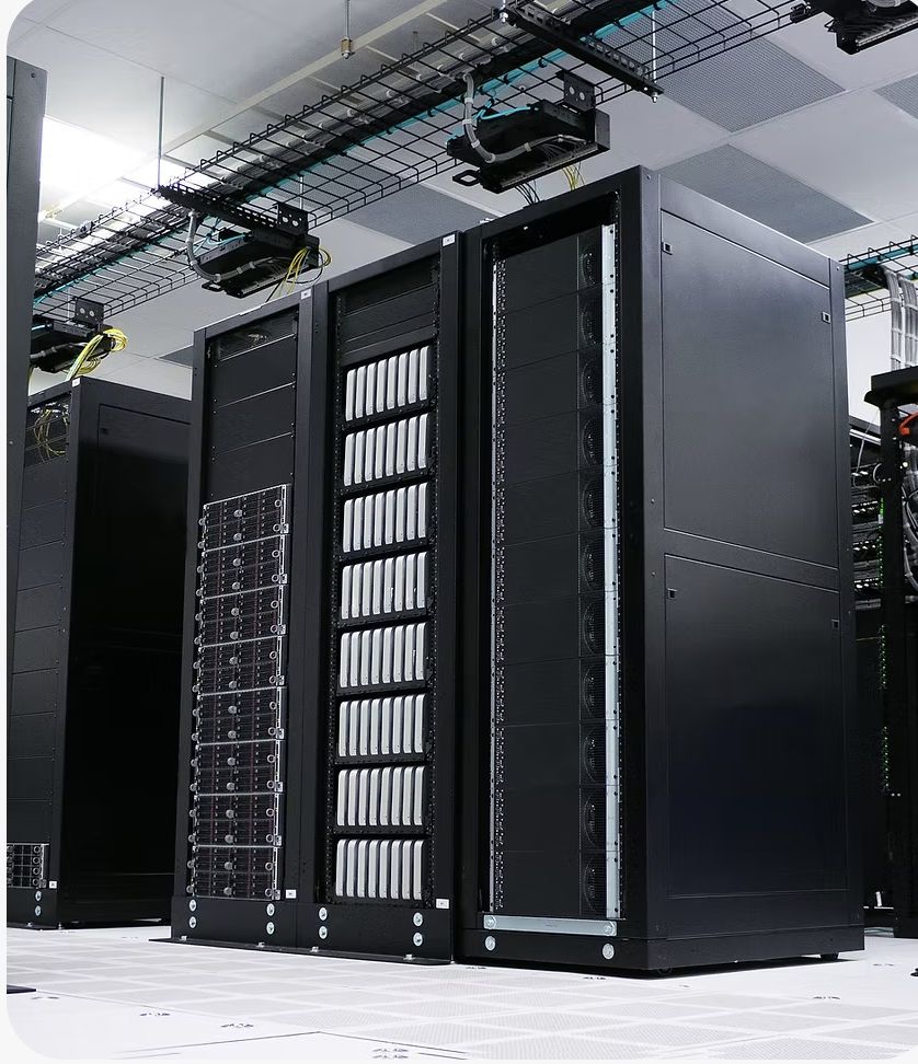 Server racks and overhead cable tray in a data centre
