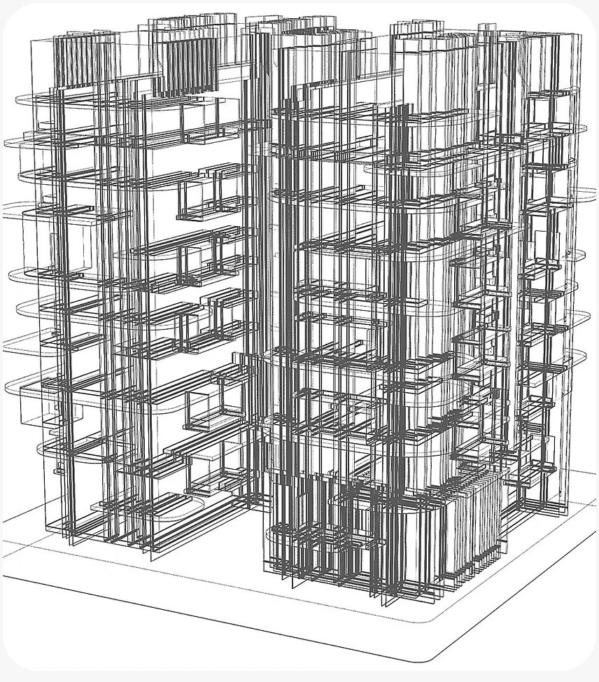 Wireframe structural model of a multi-storey building
